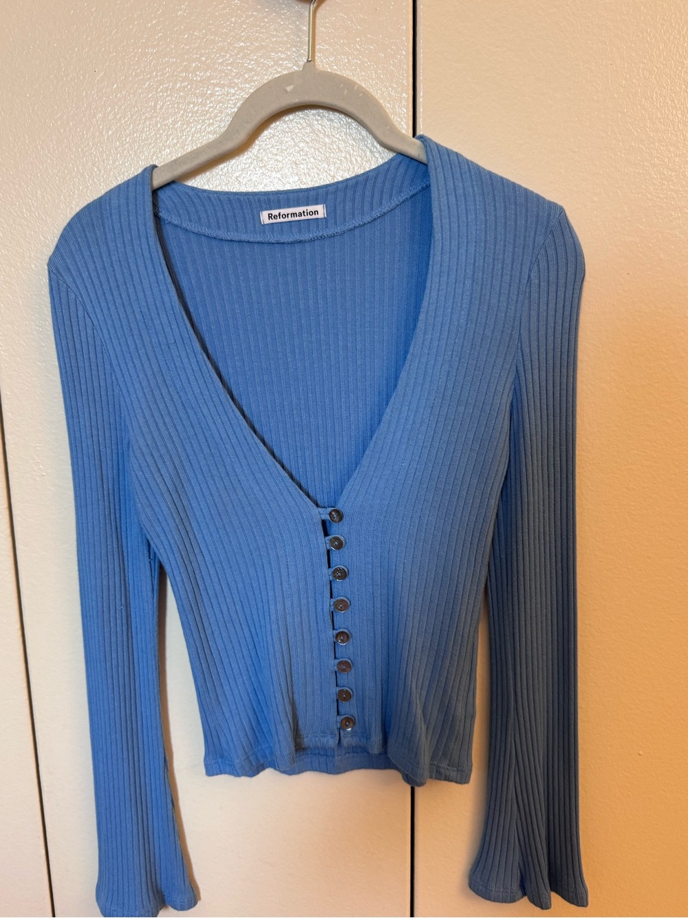 Reformation Periwinkle Ribbed V-Neck Buttoned Top